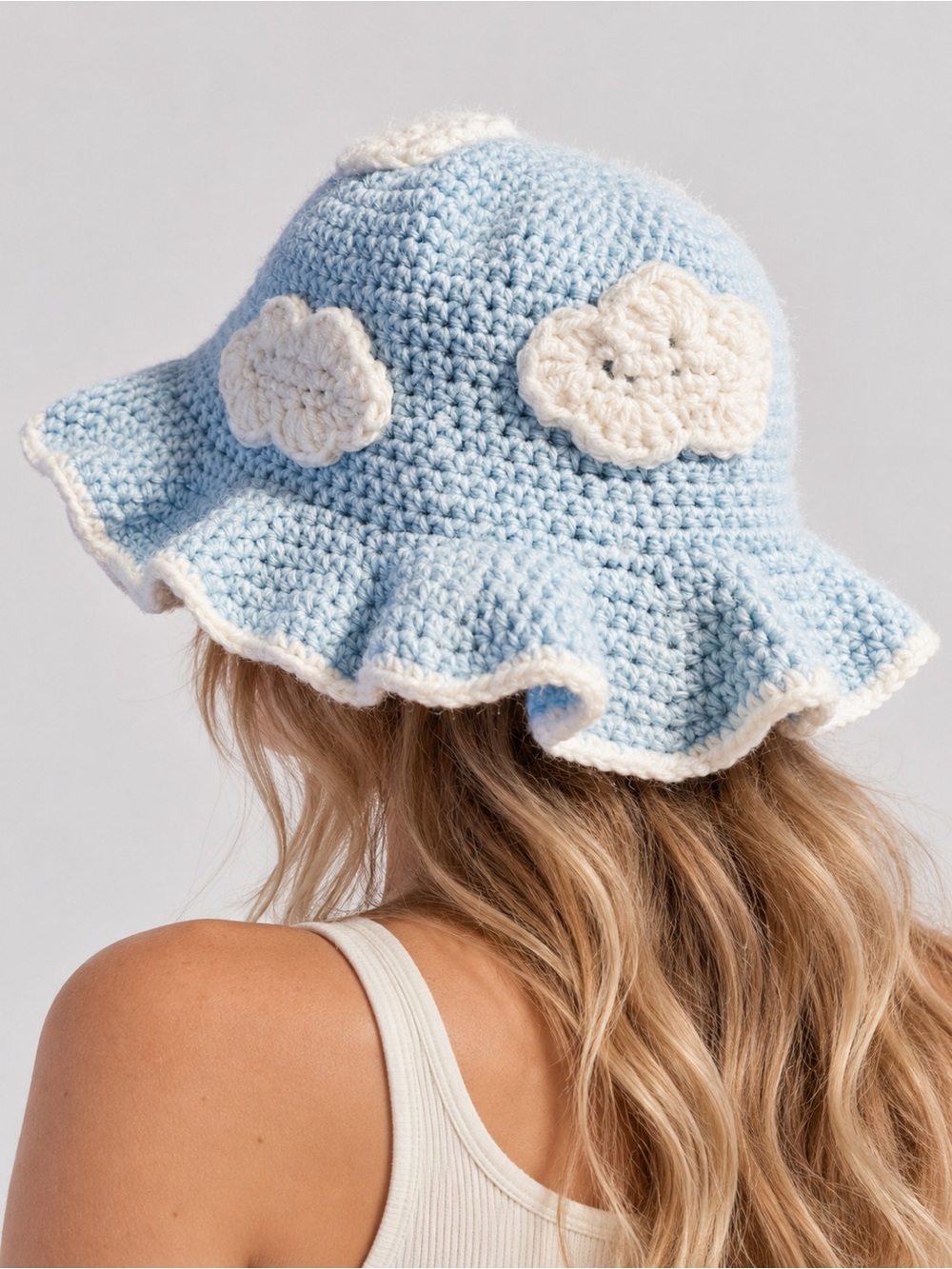 Vintage Handmade Crochet Cloud Bucket Hat Baby Blue White Ruffled Brim